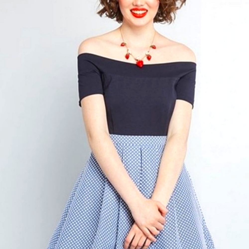 Modcloth Double The Lovely Off Shoulder A-Line dress Lg navy